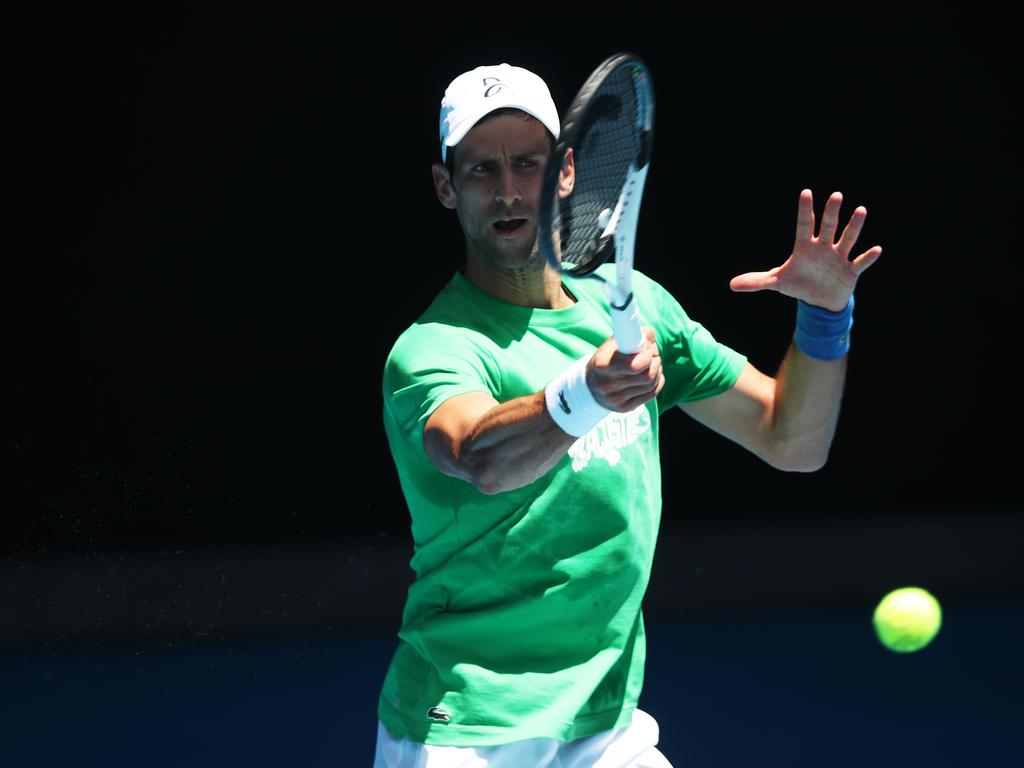 Novak Djokovic practices in Melbourne on Thursday. Picture: Graham Denholm/Getty Images