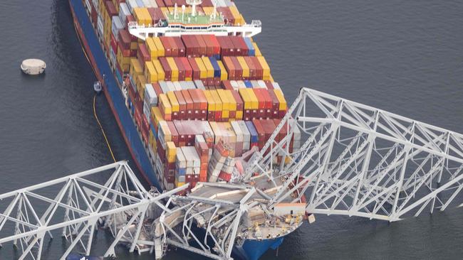 The cargo ship Dali after running into and collapsing the Francis Scott Key Bridge. Picture: Getty Images via AFP.