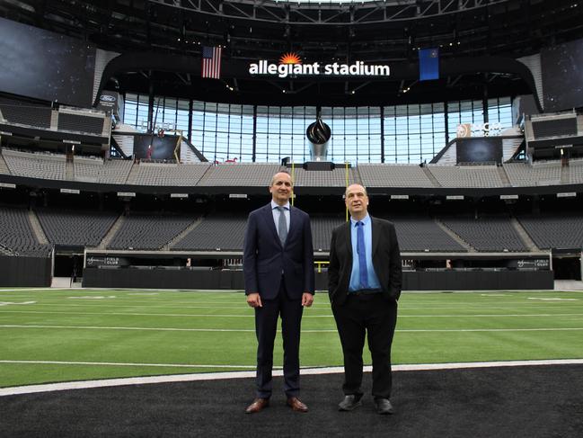 NRL chief executive Andrew Abdo and ARL Commission chair Peter V'landys at Allegiant Stadium in Las Vegas as part of their preparation to bring the NRL to the United States. Picture: Supplied.