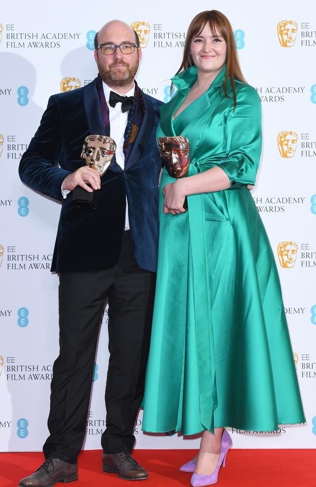 Patrice Vermette and Zsuzsanna Sipos pose in the winners room with the award for Best Production Design for "Dune". Picture: Getty