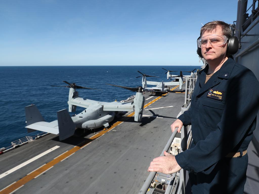 Rear Admiral Fred Kacher looking over the flight deck. Photos on board the USS Wasp. Pic Peter Wallis