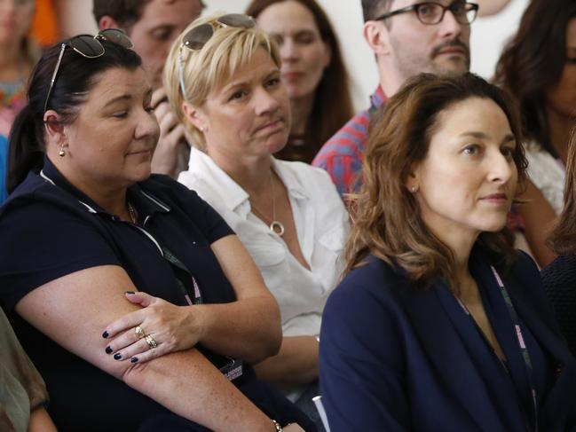 Jennie Ross-King (back row third from left), whose 19-year-old daughter, Alex, fatally overdosed on MDMA at the FOMO music festival in Parramatta this year attended the pill testing demonstration today. Picture: AAP/Regi Varghese.