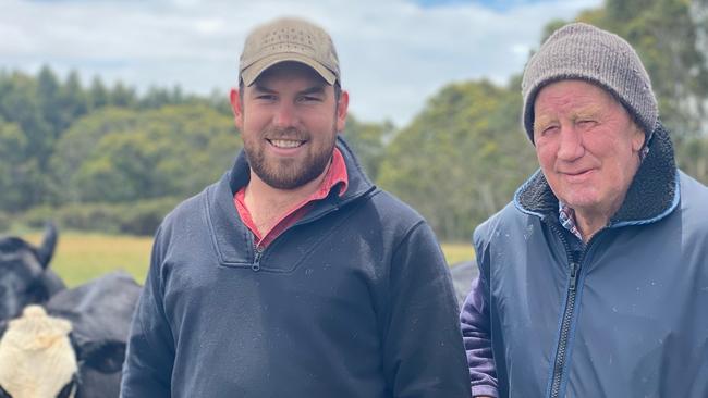 Max Begely and grandson Nathan Stevens work together on their Simpson dairy farm.