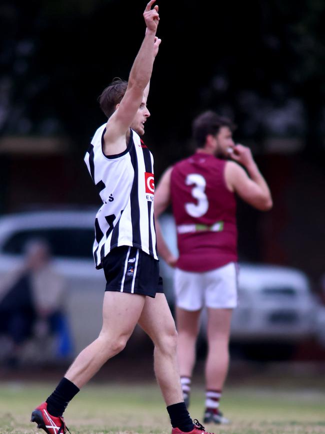 James Neale of Payneham Norwood Union celebrates a goal at Payneham Oval. Picture: Kelly Barnes