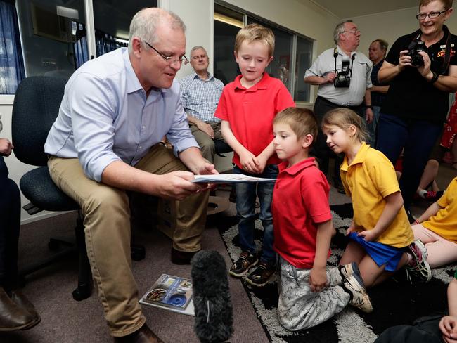 Prime Minister Scott Morrison meets with Year 1 students at the Longreach School of Distance Education in Longreach. Picture: Alex Ellinghausen