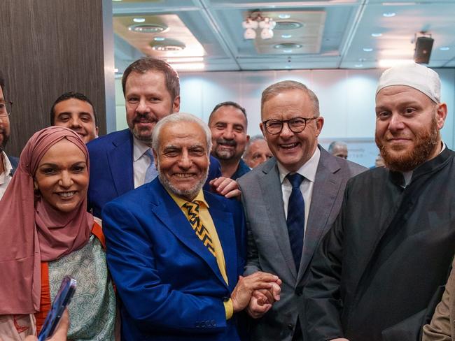 From Left to right, Labor MP Dr Anne Aly, Mr Ed Husic, Grand Mufti Dr Dr Ibrahim Abu Mohammed, PM Anthony Albanese and Imam Shadi Alsuleiman at the 2nd National Muslim Community Iftar 2023 in Sydney.