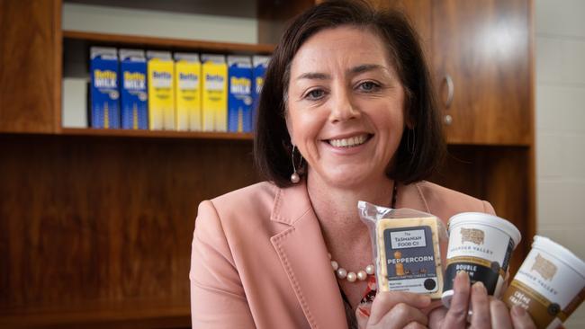 CEO and Managing Director of TasFoods Jane Bennett in the Betta Milk offices with Hobart Fine Food award-winning products. TasFoods has recently acquired Better Milk. Picture: Grant Wells