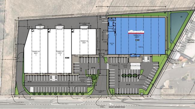 Maps for a proposed new bulky goods store for Mount Barker, which would include an Officeworks. Picture: Future Urban / Emmett