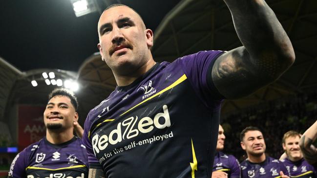 MELBOURNE, AUSTRALIA - SEPTEMBER 27: Nelson Asofa-Solomona of the Storm celebrates victory following during the NRL Preliminary Final match between the Melbourne Storm and Sydney Roosters at AAMI Park on September 27, 2024 in Melbourne, Australia. (Photo by Quinn Rooney/Getty Images)