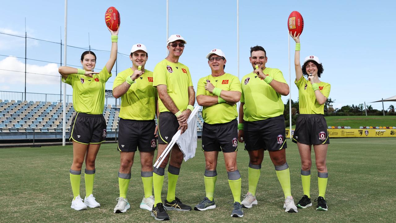 Kyra Hourigan, Destin Edwards, Colin Chalmers, John Riordan, Blake Lemmey and Ruby Chalmers will umpire AFL Cairns games in all age groups this year, and are encouraging others interested in participating in local sport to come along to a training session and try out umpiring for themselves. Picture: Brendan Radke