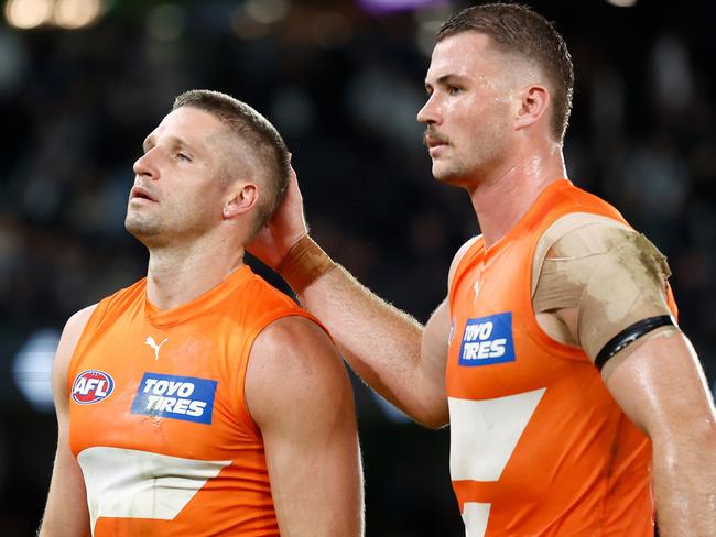 The Giants could also be without Hogan (L) for the match against last year’s grand finalists. Picture: Michael Willson/AFL Photos via Getty Images