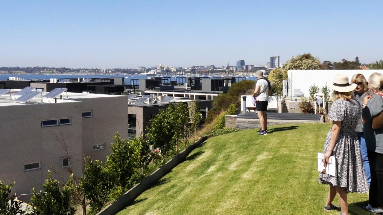 The view over the Balmoral Quay development, taking in Corio Bay and the Geelong city skyline.