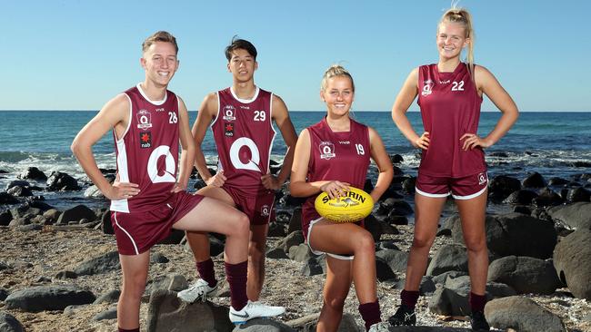 The national under-16 and under-18 AFL championships will be held on the Gold Coast this coming week. 16 year olds Riley Johnson, Alex Davies, Dee Heslop, Serene Watson. Photo by Richard Gosling