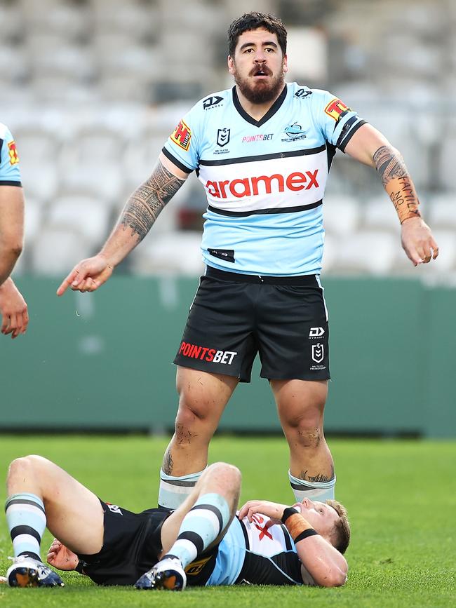 Braden Hamlin-Uele’s WWE-inspired try celebration (Photo by Mark Kolbe/Getty Images)