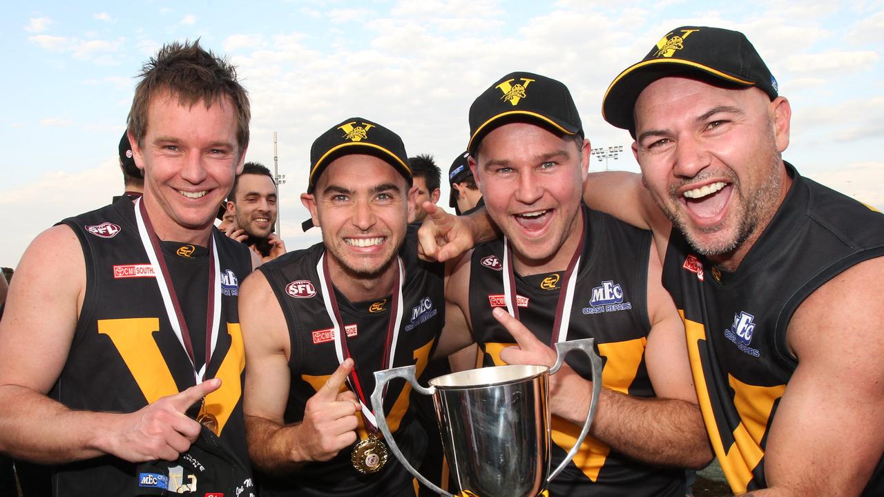 Southern Football League Grand Final, at Hickinbotham Oval. A Grade, Happy Valley v Brighton. Happy Valley players LtoR: Damien Eagleton, Jonathan Eagleton, Michael Eagleton and Nathan Eagleton.