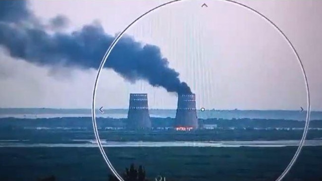 A cooling tower at the Zaporizhzhia nuclear plant in Ukraine is on fire after a drone attack. Picture: X/Twitter.