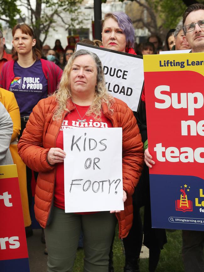 Marney Wickham teacher at Taroona High School. Teachers strike rally on parliament lawns in Hobart. Picture: Nikki Davis-Jones