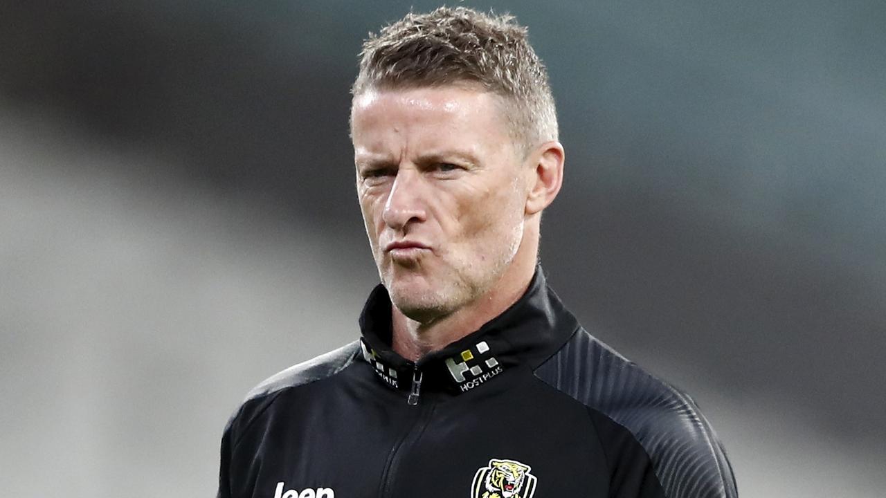 MELBOURNE, AUSTRALIA - MAY 07: Senior coach Damien Hardwick of the Tigers looks on before the 2021 AFL Round 08 match between the Richmond Tigers and the Geelong Cats at the Melbourne Cricket Ground on May 07, 2021 in Melbourne, Australia. (Photo by Dylan Burns/AFL Photos via Getty Images)