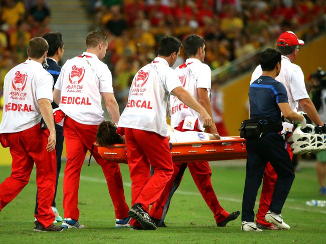 Koreas Park Joo Ho is treated onthe field. The Australian Socceroos vs the Korea Republic at Brisbane Stadium. Pic Peter Wallis