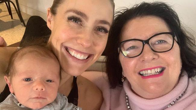 Midwife Cath Curtin, Brooke Cotchin and baby Parker. Source: Instagram