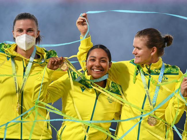 Tahlia McGrath, Alana King and Jess Jonassen after winning gold at the Commonwealth Games. Picture: Alex Davidson/Getty Images