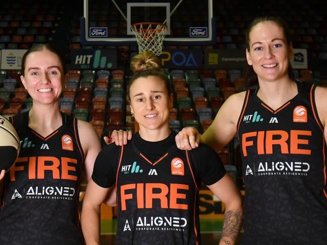 Townsville Fire co-captains Courtney Woods, Lauren Mansfield and Alicia Froling and their team mates are fired up for the semifinal game against Perth Lynx at the Firepit. Picture: Evan Morgan