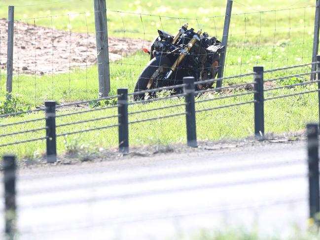 The wrecked motorcycle at the scene of a fatal crash on the Portarlington Road near Moss Road, Leopold on Thursday morning. Picture: Alan Barber