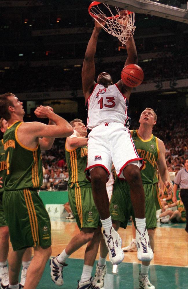 Shaquille O'Neal dunks on the Boomers at Atlanta 1996.