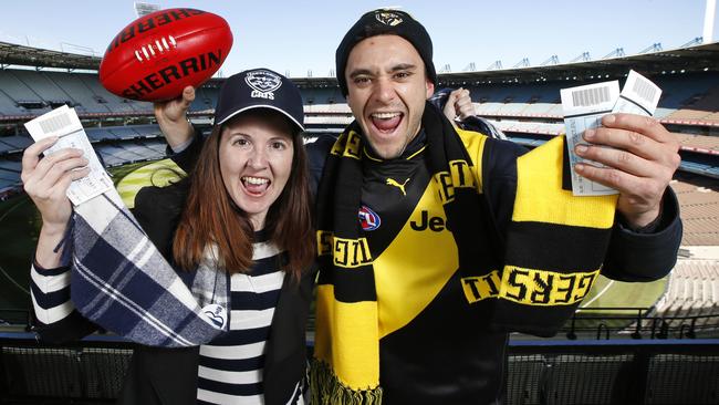 Richmond Tigers vs Geelong Cats at the MCG heading to a sell out crowd. Cats fan Renee Bennett and Tigers fan Liam Dimattina have their tickets and looking forward to the clash.    Picture: David Caird