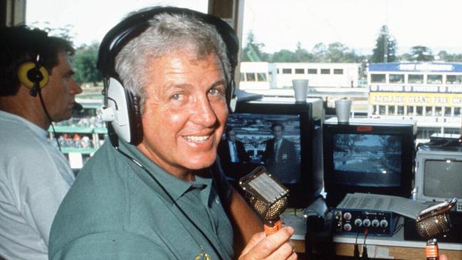 Former Formula One (F1) world champion driver Alan Jones (R) with sports commentator Darrell Eastlakes in commentary box overlooking the Albert Park circuit in Melbourne, Victoria. Jones and Eastlake are two of five Channel Nine commentators covering the 10/03/1996 Australian Formula One Grand Prix.