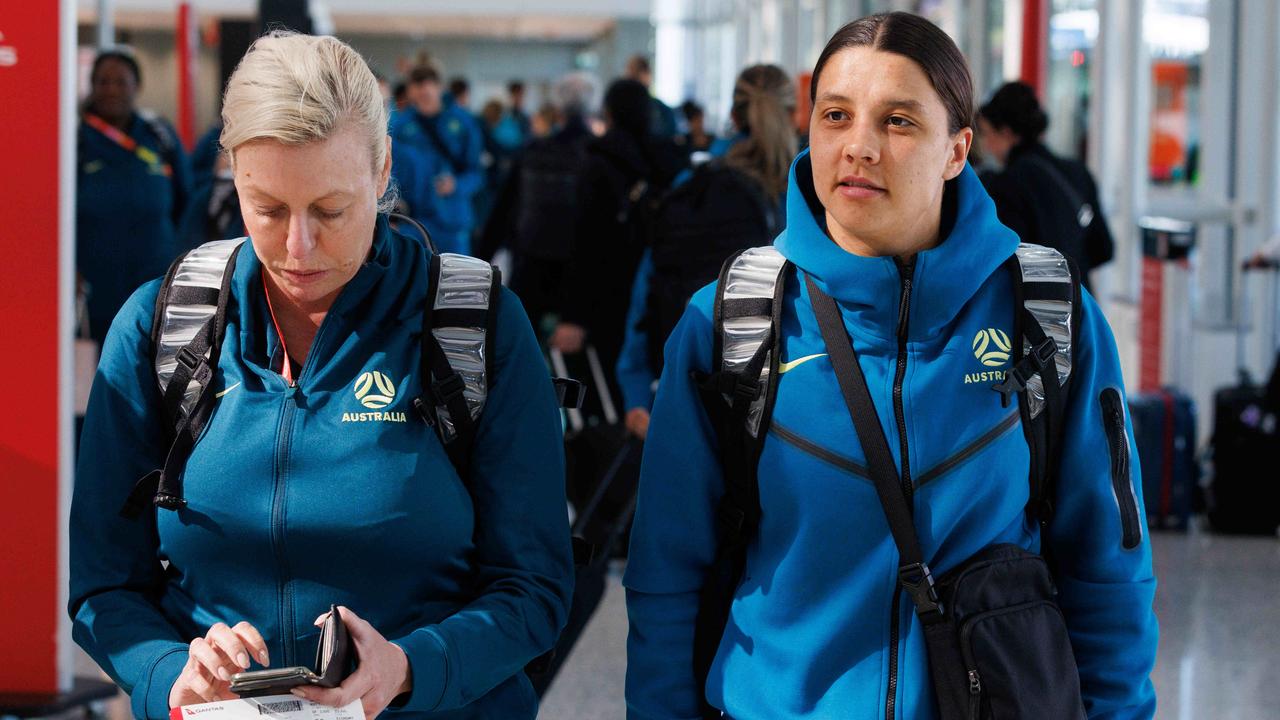 Matildas star Sam Kerr on her way back to Brisbane after the team’s opening World Cup match. Picture: David Swift