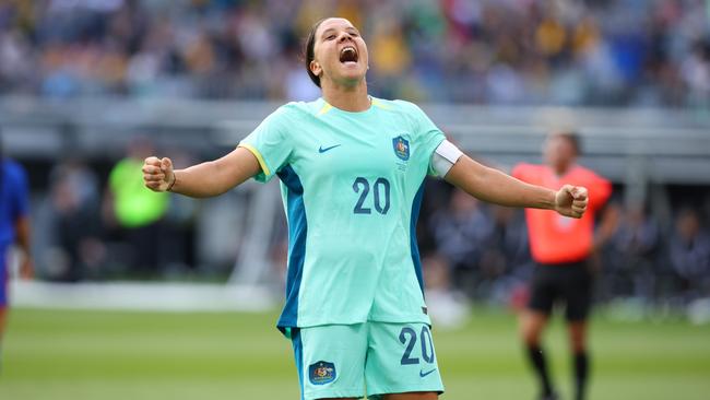 PERTH, AUSTRALIA - OCTOBER 29: Sam Kerr of the Matildas celebrates her 2nd goal during the AFC Women's Asian Olympic Qualifier match between Philippines and Australia Matildas at Optus Stadium on October 29, 2023 in Perth, Australia. (Photo by James Worsfold/Getty Images)