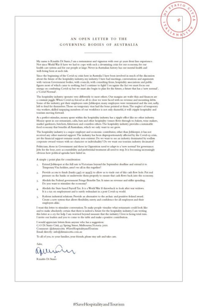 Rinaldo took an ad out in The Australian over the government’s ‘shameful COVID-19 response. he said the letter was a ‘cry for help’ at the industry’s time of need. Picture: The Australian