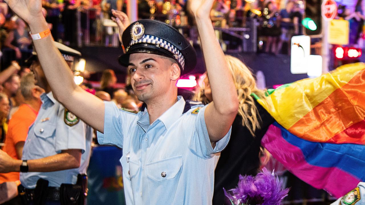 Beau Lamarre-Condon marches in uniform at the 2020 Mardi Gras parade. Picture: AAP Image/James Gourley