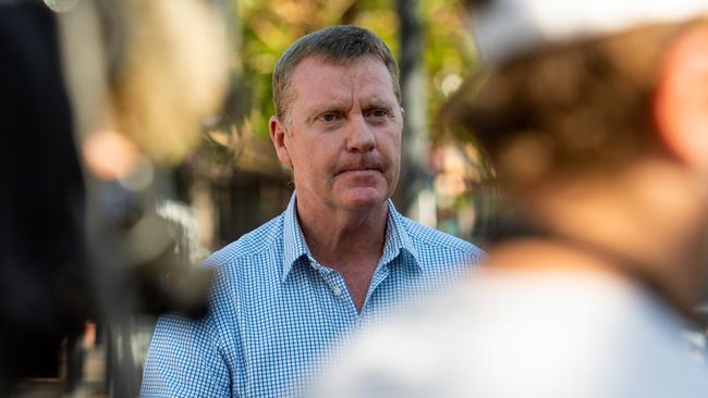 Small Business Minister Paul Kirby addresses the media on Thursday regarding the probable lifting of restrictions allowing markets to once again go ahead across the Top End. Picture: Che Chorley