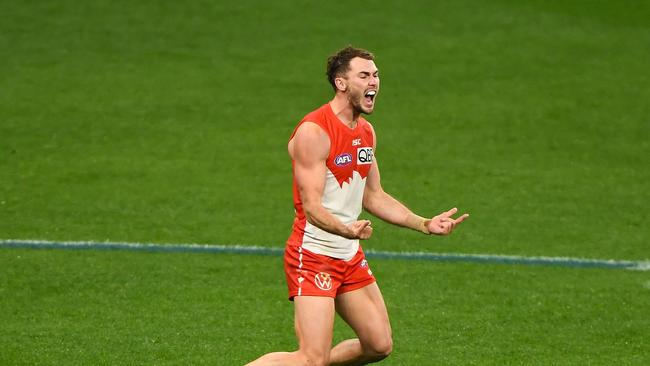 Jackson Thurlow of the Swans celebrates a goal during the 2020 AFL Round 12 match between the Sydney Swans and the GWS Giants. (Photo by Daniel Carson/AFL Photos via Getty Images)