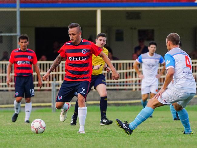 Nerang recruit Shaun Robinson in action during the Eagles’ pre-season win over Grange Thistle Soccer at Glennon Park earlier this month. Picture: Luke Sorensen