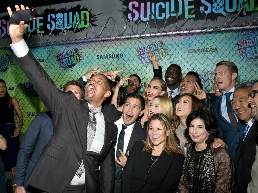 Will Smith takes a selfie with the cast and crew of Suicide Squad at the film’s world premiere on August 1, 2016, in New York City. Picture: AP