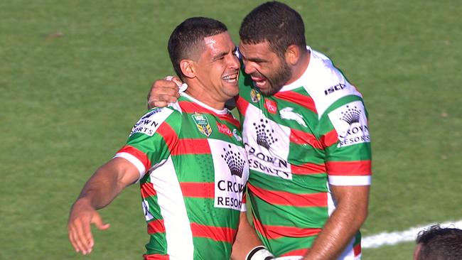 Cody Walker and Greg Inglis celebrate a contender for try of the year.