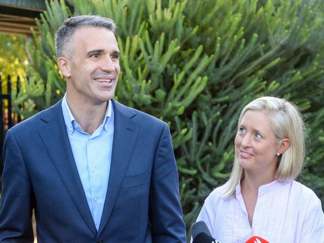 Ms West supported her husband throughout Saturday before he was elected South Australian Premier. Picture: NCA NewsWire / Brenton Edwards