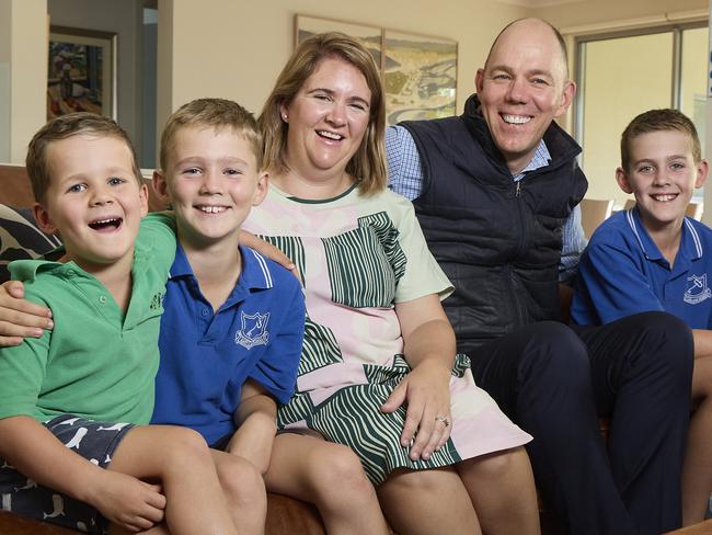 Sam Walsh, 4, Henry Walsh, 8, Lucia Walsh, Matt Walsh and Oliver Walsh, 10, at home in Marden, after SANTOS introduced a 9 day working week, Monday, March 27, 2023. Picture: Matt Loxton