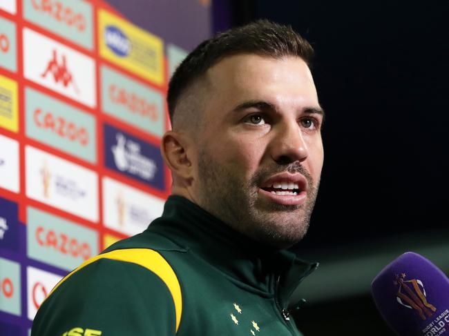 ST HELENS, ENGLAND - OCTOBER 29: James Tedesco of Australia looks on ahead of the Rugby League World Cup 2021 Pool B match between Australia and Italy at Totally Wicked Stadium on October 29, 2022 in St Helens, England. (Photo by Jan Kruger/Getty Images for RLWC)