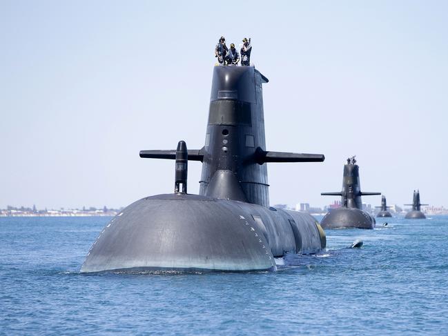 Collins Class submarines HMAS Collins, HMAS Farncomb, HMAS Dechaineux and HMAS Sheean in formation while transiting through Cockburn Sound, Western Australia. Collins Class submarines are an essential part of Australiaâ€™s naval capability, providing a strategic advantage in terms of surveillance and protection of our maritime approaches. *** Local Caption *** Royal Australian Navy Collins Class Submarines, HMAS Collins, HMAS Farncomb, HMAS Dechaineux and HMAS Sheean sail in formation while transiting through Cockburn Sound, Western Australia, in February 2019. Picture: Royal Australian Navy