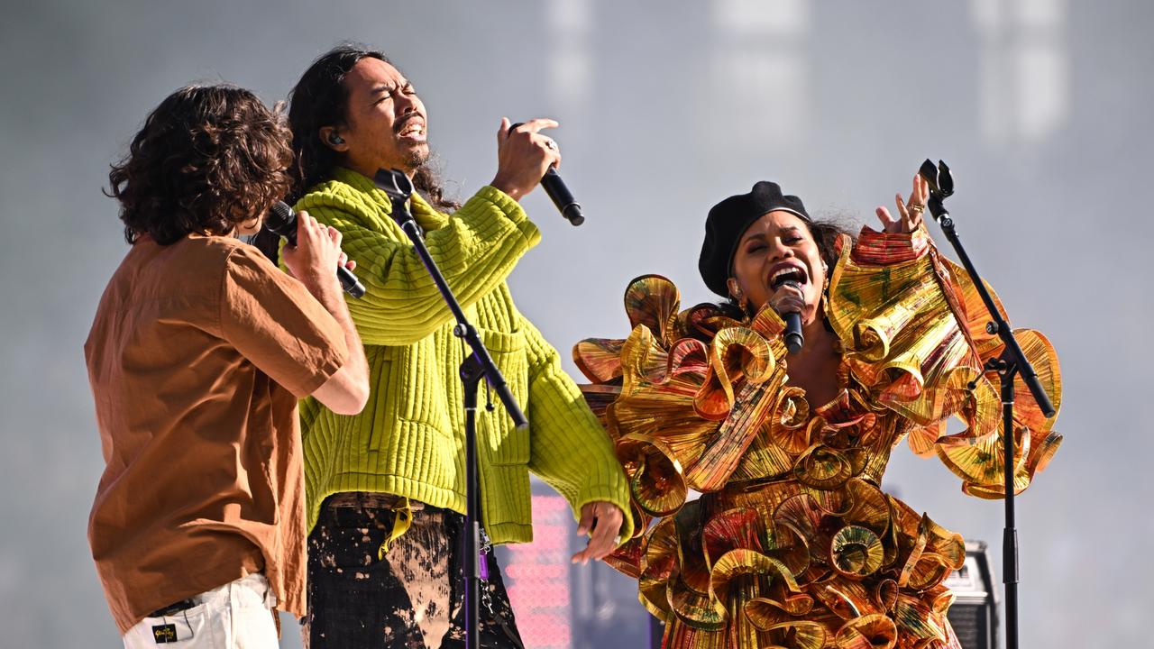 MELBOURNE, AUSTRALIA - SEPTEMBER 24: Temper Trap and Friends play at half time during the 2022 Toyota AFL Grand Final match between the Geelong Cats and the Sydney Swans at the Melbourne Cricket Ground on September 24, 2022 in Melbourne, Australia. (Photo by Daniel Carson/AFL Photos via Getty Images)