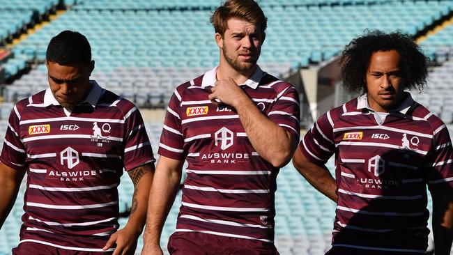 Joe Ofahengaue, Christian Welch and Felise Kaufusi at ANZ Stadium. Picture: AAP/Dean Lewins