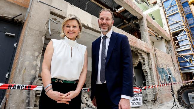 Charter Hall office chief executive Carmel Hourigan and regional development director Simon Stockfeld at the site of the 60 King William Street project. Image/Russell Millard