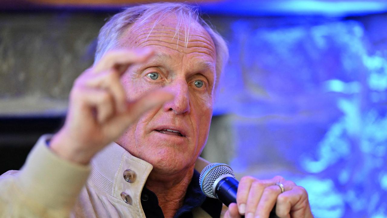 Former Australian golfer Greg Norman, Chief Executive of LIV Golf, gestures during a press conference for the forthcoming LIV Golf event.