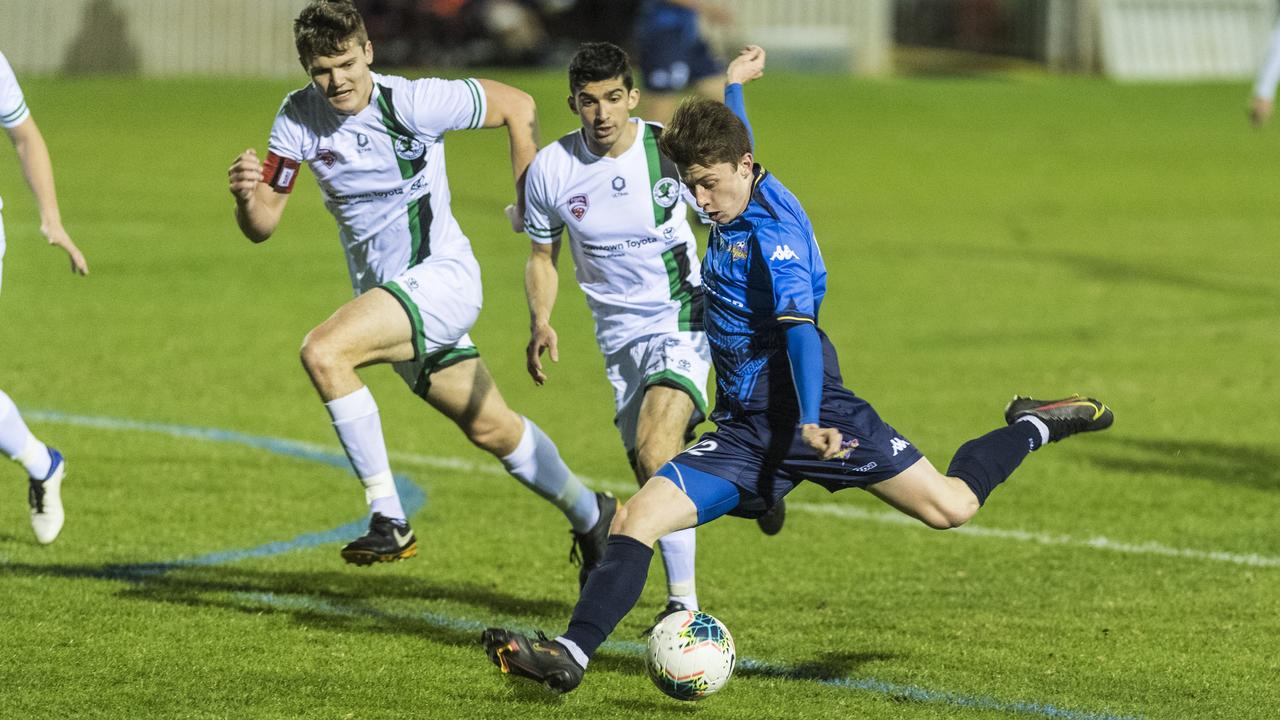 Will Orford of South West Queensland Thunder against Southside Eagles in FQPL1 round eight football at Clive Berghofer Stadium, Saturday, May 15, 2021. Picture: Kevin Farmer