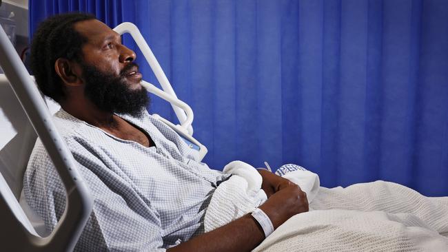 Torres Strait Islander Adea Tabuai was travelling alone in his dinghy in rough seas between Moa and Warraber Islands on Wednesday when his boat capsized. He floated on a small piece of plywood for 24 hours before being rescued on Wednesday by helicopter and flown to Thursday Island Hospital to recover. Picture: Brendan Radke