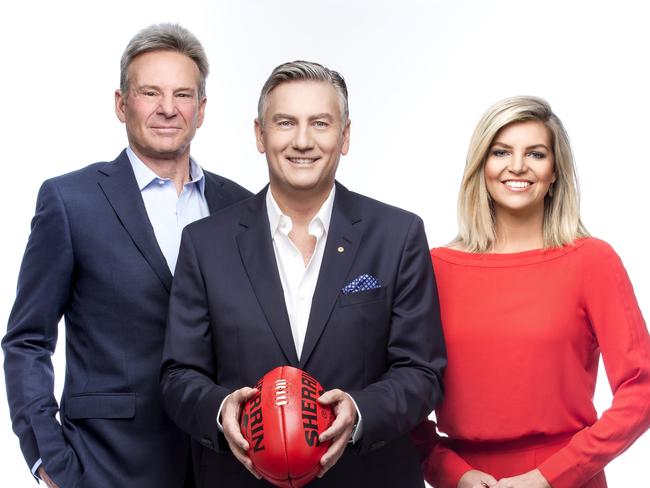 Rebecca Maddern — pictured with Sam Newman and Eddie McGuire — is expecting her first child in May. Picture: Channel 9